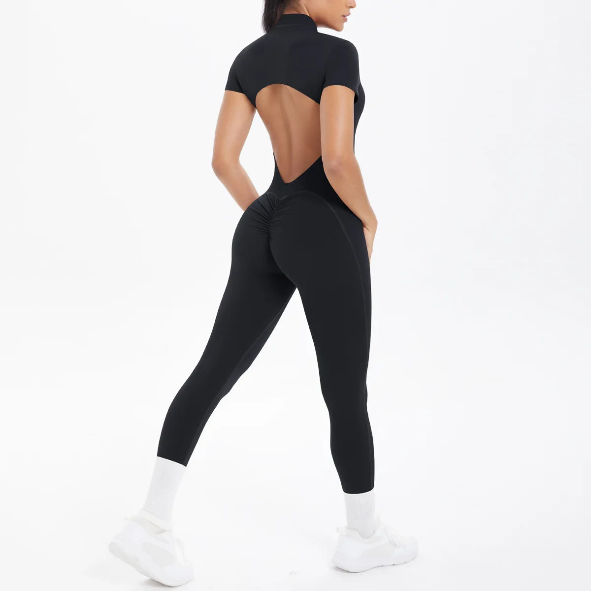 Mono deportivo de yoga sexy con cremallera frontal, espalda descubierta, manga corta, pantalones cortos, ropa deportiva para fitness, correr, gimnasio, yoga y actividades deportivas para mujer.