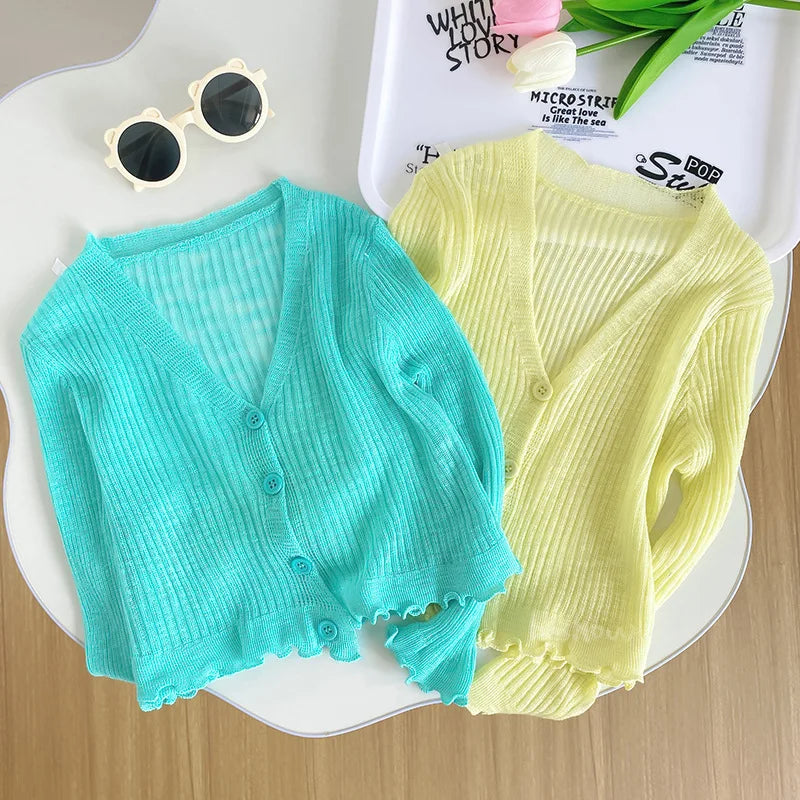 Ropa para niños, cárdigan de punto para niñas, novedad de verano 2025, estilo extranjero, camisa fina con protección solar para bebés.