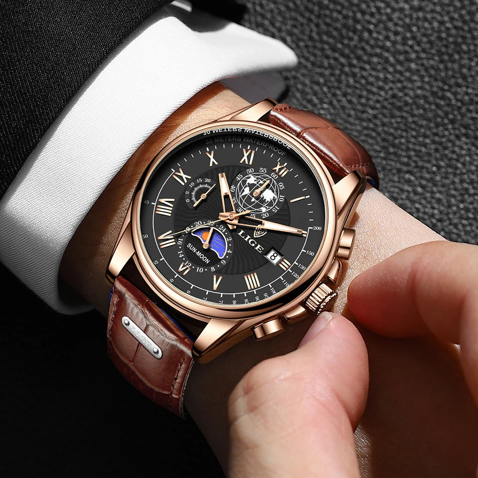 LIGE 2024 - Nuevo reloj de cuero azul para hombre, marca de lujo, resistente al agua, deportivo, con fecha, de cuarzo, Masculino
