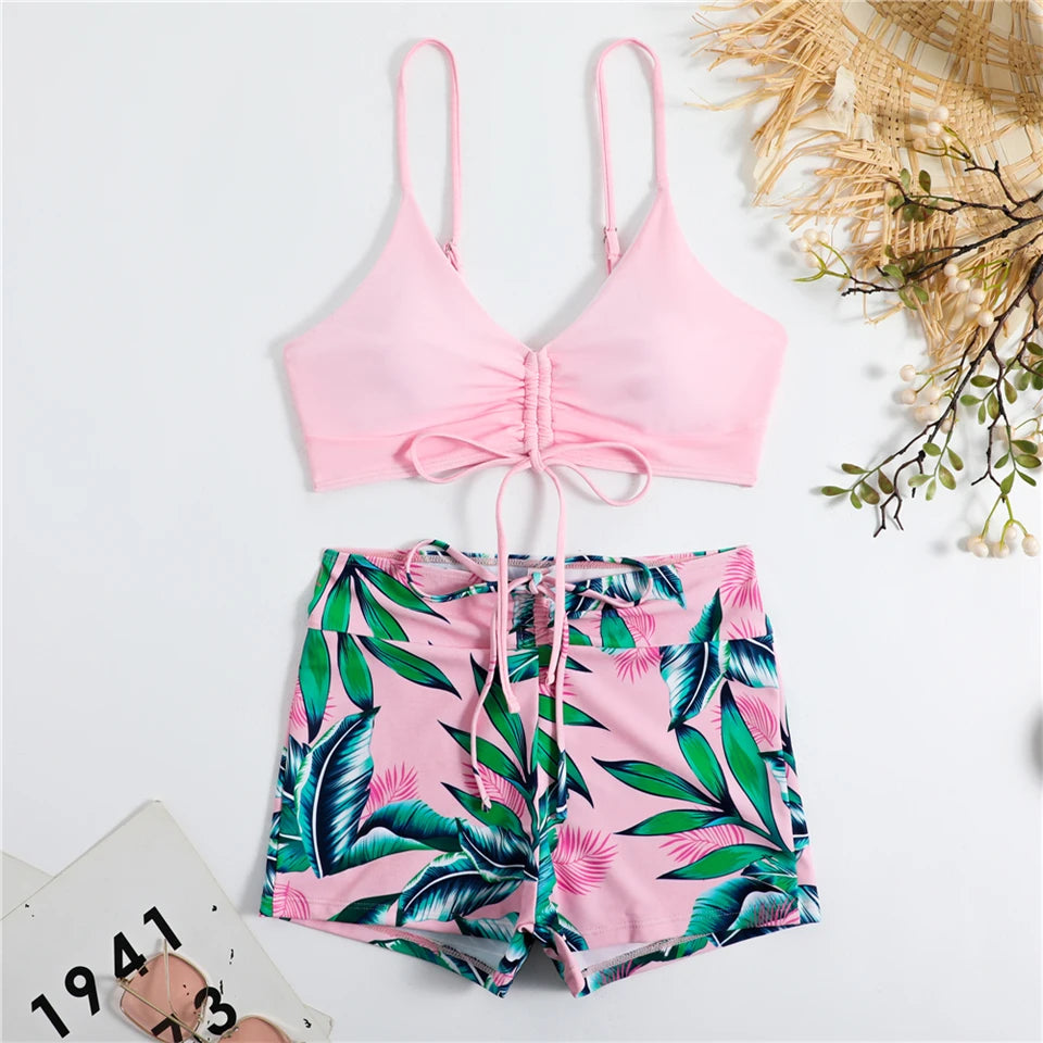 Bikini con cordón y estampado tropical para mujer, traje de baño de cintura alta con lazo frontal, pantalones cortos, traje de baño sexy para mujer, ropa de playa de verano