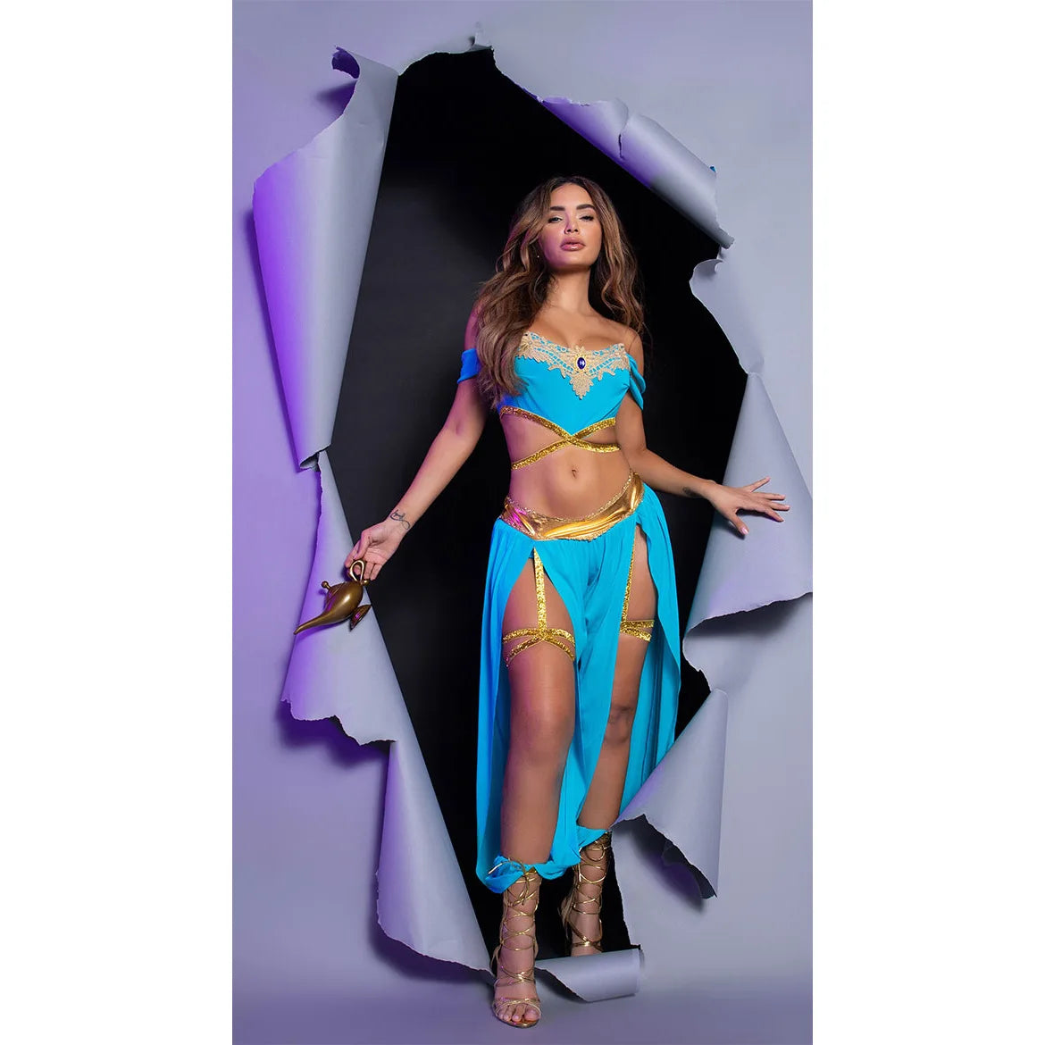 Halloween Fashion Sexy Sky Blue Aladdin Magic Lamp Jasmine Princess Dress Holiday Party Nightclub Stage Performance Costume New