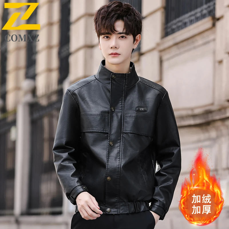 Chaqueta de piel sintética para hombre, otoño 2025, moderna, con cuello alto de forro polar, de piel sintética, resistente al viento, para motocicleta, ropa de abrigo.