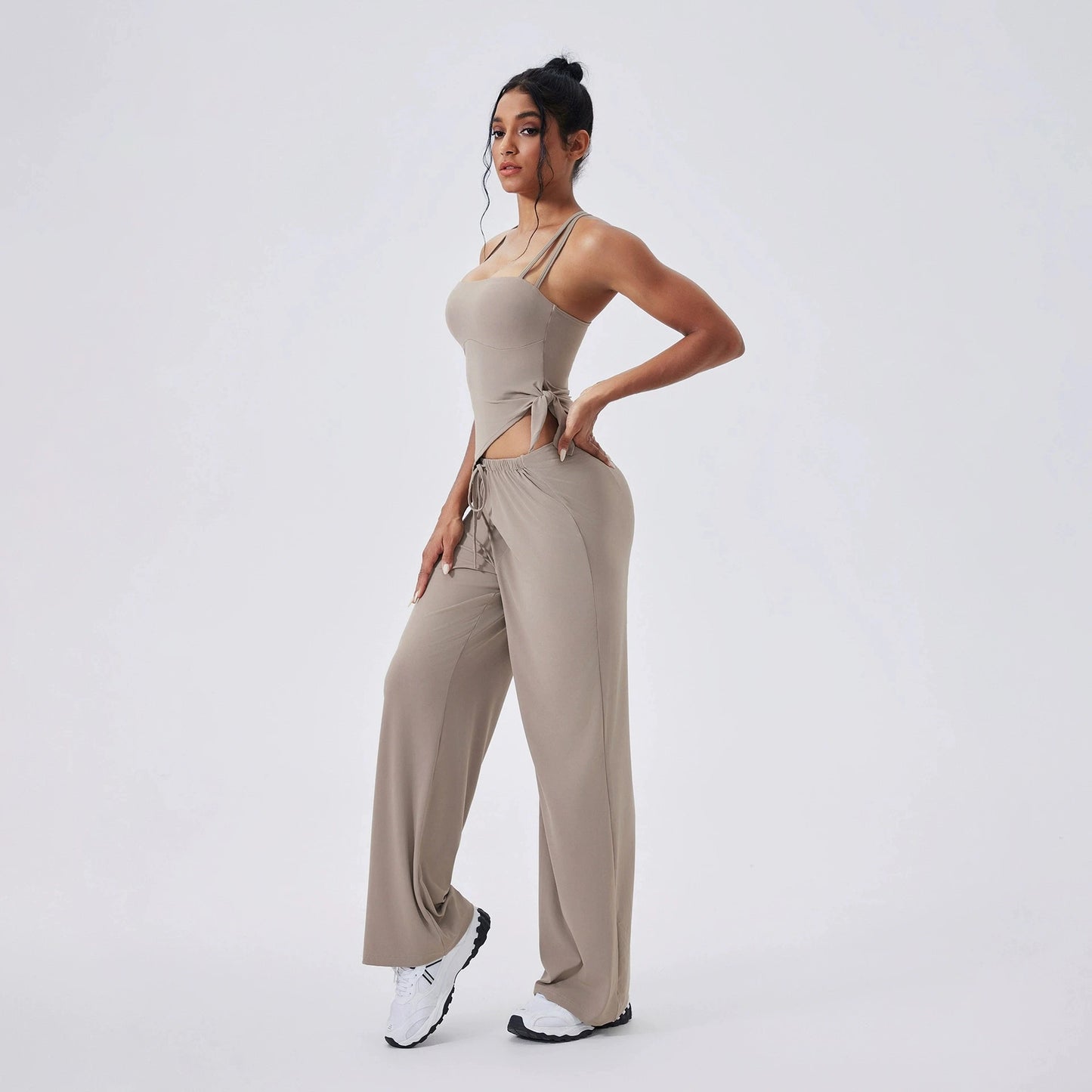 Conjunto de yoga de 2 piezas para mujer, camisetas deportivas con lazo lateral, top corto de entrenamiento, conjunto de fitness, leggings de cintura alta para correr y gimnasio