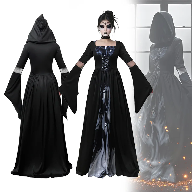 Halloween Witch Dress Skeleton Witch Sorcerer Adult Women Cosplay Costume Hood Skirt Stage Performance Modern Dance Wear Outfits