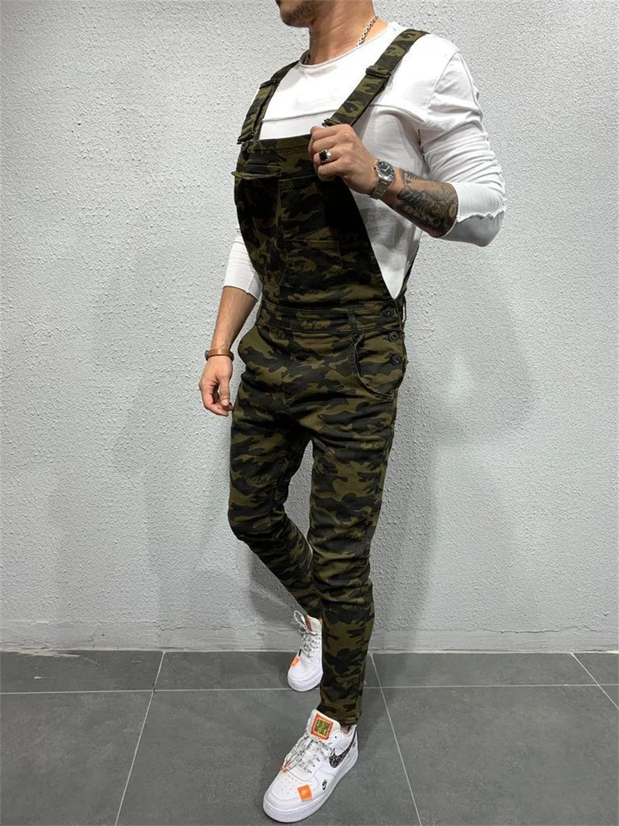 Mono de camuflaje para hombre, estilo urbano, con múltiples bolsillos, corte ajustado, pantalón cargo vaquero, peto vaquero, estilo casual.