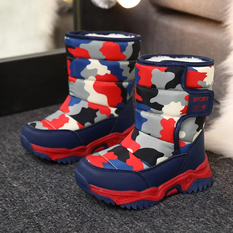Zapatos casuales para niños y niñas, botas de nieve de piel cálidas y antideslizantes, zapatillas de invierno, calzado para exteriores para niños, botas acolchadas impermeables
