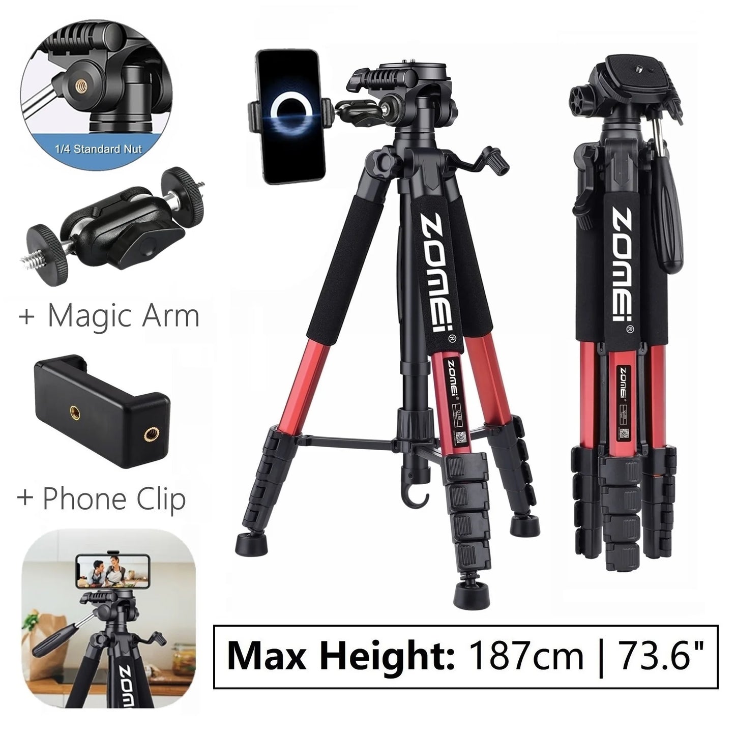 Trípode profesional compacto de aluminio de 188 cm/73,6 pulgadas de alto para cámara digital, Canon, DSLR, teléfono inteligente, trípode fotográfico