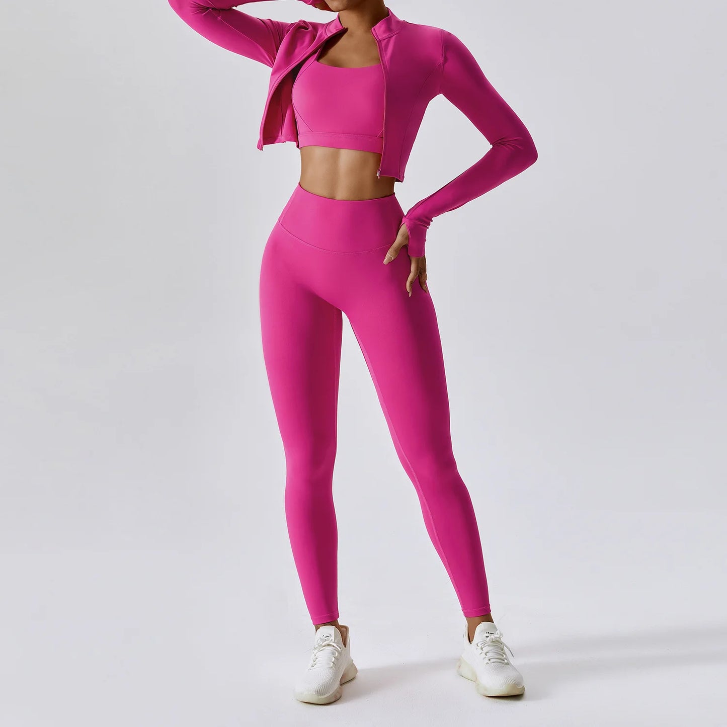 Conjunto de yoga de 3 piezas para mujer, conjuntos de entrenamiento, ropa deportiva para gimnasio, ropa deportiva con cremallera, leggings de manga larga y cintura alta, trajes deportivos, traje de yoga