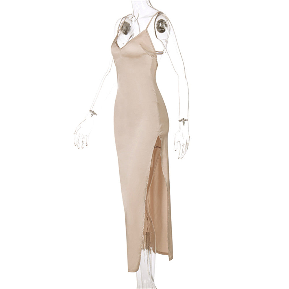Women Summer Satin Silky Spaghetti Strap Split Long Dress Elegant Sleeveless Backless Club Party Beach Sexy Dresses Vestito