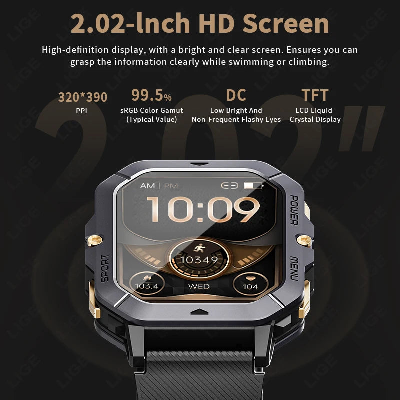 Reloj inteligente con Bluetooth de 2,02 pulgadas para hombre y mujer, batería de 410 mAh, resistente al agua hasta 1 ATM, monitor de ritmo cardíaco y salud, para deportes al aire libre