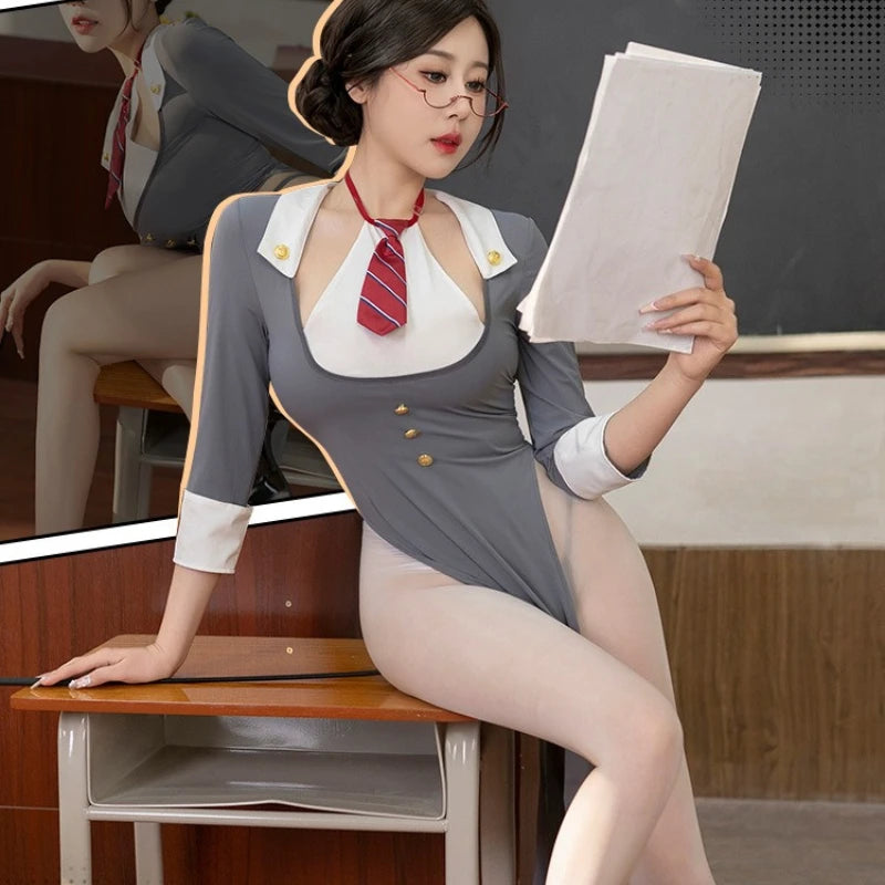 Porno Role Playing Teacher Uniform Temptation Halter Dress Sexy Lingerie Temptation High Waist Side Slit Cosplay Costumes 2025