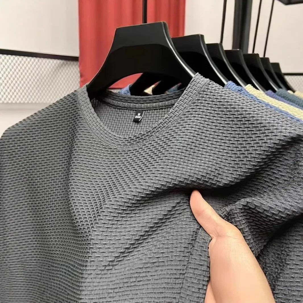 Camiseta de seda de hielo para hombre, manga corta, ligera, transpirable, cómoda, fresca, informal, moderna, de verano, elástica, ajustada.