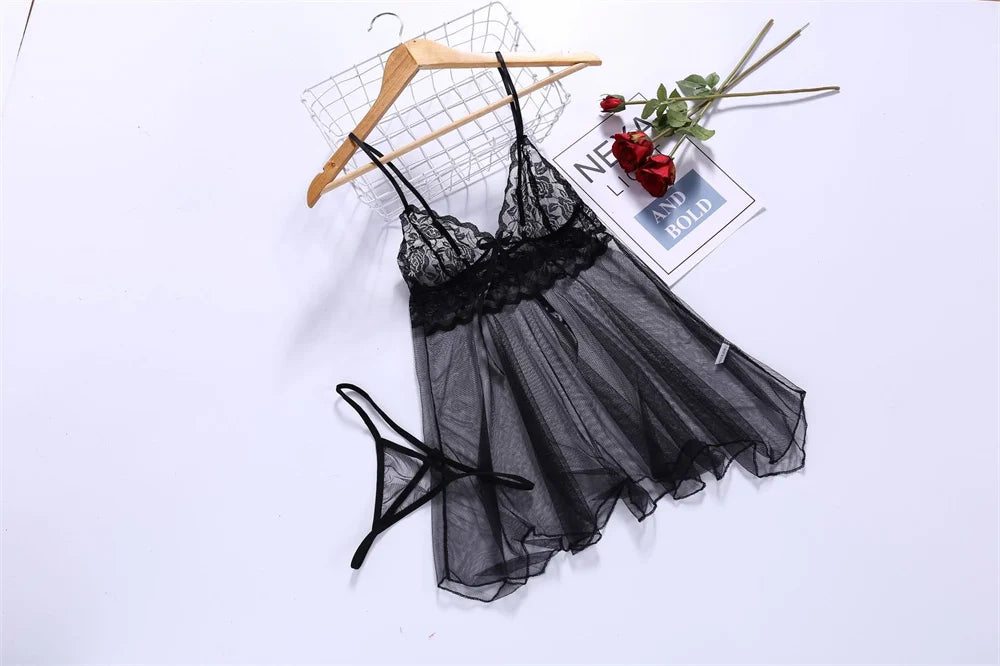 Lencería sexy para mujer, pijamas sin entrepierna, vestido de noche de encaje, ropa interior femenina exótica, camisón, tanga, disfraces eróticos