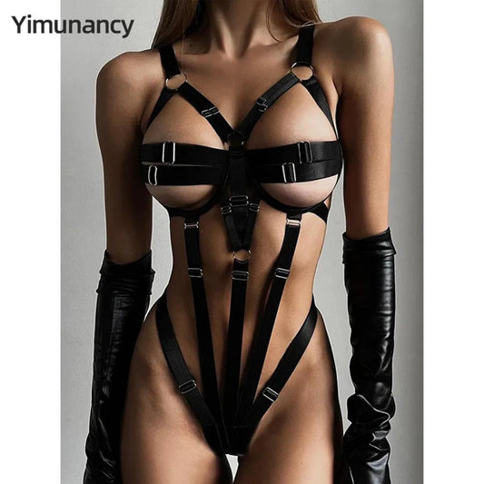 Yimunancy - Body de vendaje de una pieza para mujer, 4 colores, exótico, negro, ajustado, espalda abierta, sexy, ropa de club