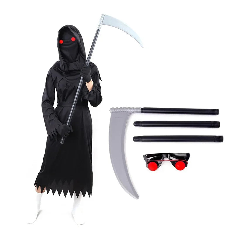 Child Horror Red Eye Grim Reaper Costume Scythe Devil Darkseid Ghost Cosplay Suit Halloween Hooded Party Dress Gloves