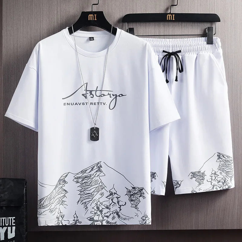 Conjunto deportivo de dos piezas para hombre, camiseta de manga corta a la moda, estilo veraniego, con estampado de montañas nevadas, corte entallado, versión coreana