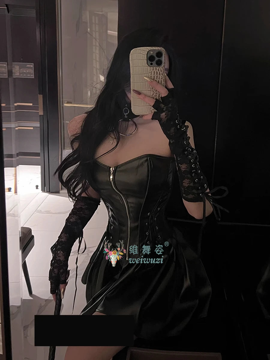 PU Leather Top and Skirt Set Vestido Strapless Top Shiny Hot Dress Tight Package Hip Queen Uniform Sexy Clubwear Cat Girl Set