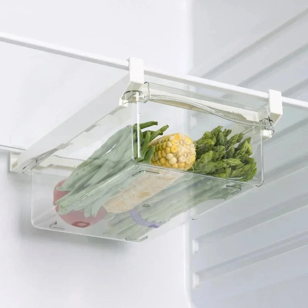 Organizador de refrigerador transparente, caja de almacenamiento para huevos de frutas, cajón debajo del estante, organizador de cocina para mantener la frescura.