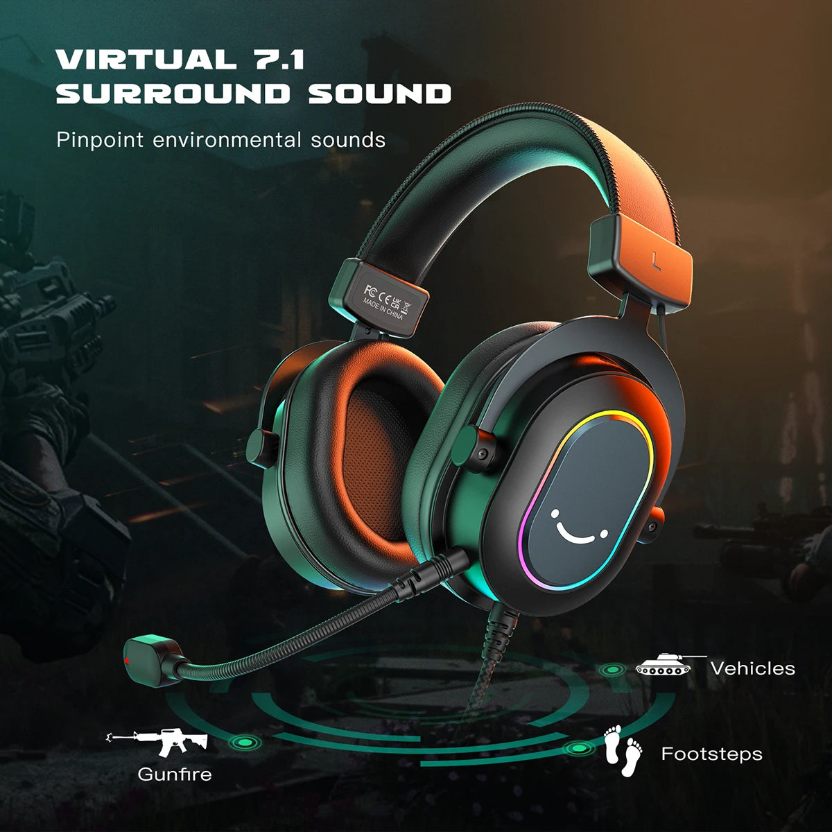 Auriculares para juegos Fifine Dynamic RGB con micrófono, supraaurales, sonido envolvente 7.1 para PC, PS4 y PS5, 3 opciones de ecualización, para juegos, películas y música.