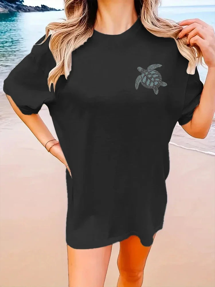 Camiseta con estampado de letras de tortuga, manga corta, cuello redondo, informal, de algodón puro, para mujer, 2024