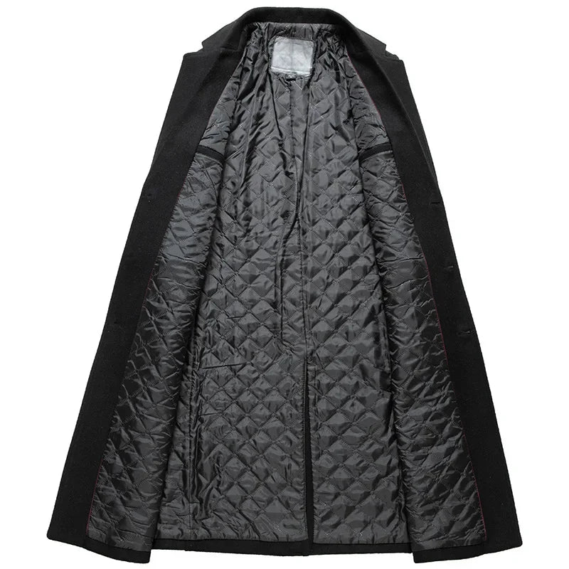 Black Men Wool Long Trench Coat Stylish Single Breasted Quilted Lined Wool Blend Pea Coats Men Winter Cashmere Coat Windbreaker
