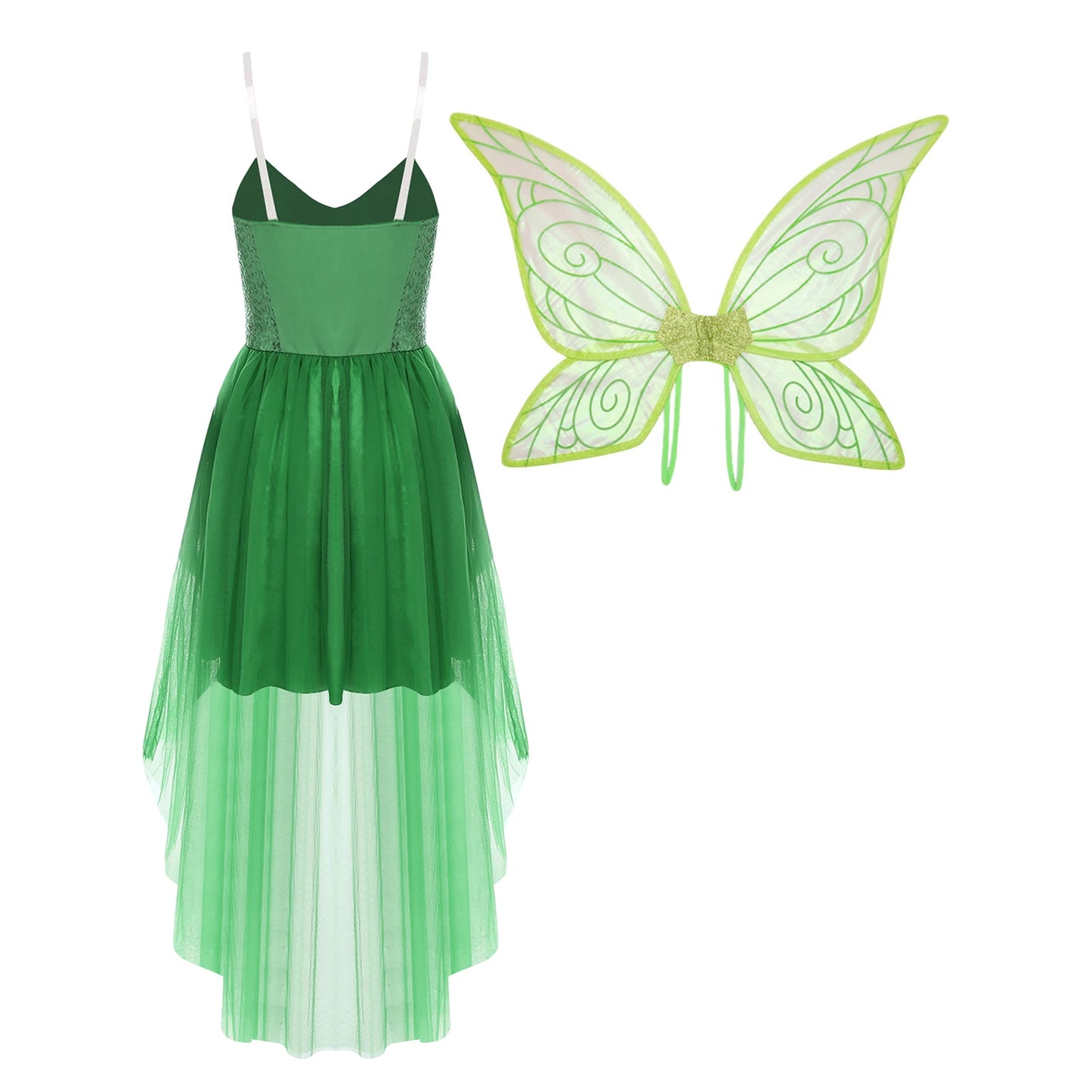Womens Halloween Green Princess Dress Forest Tinker Costumes Bell Dress with Fairy Tale Wings for Carnival Roleplay Dress Up