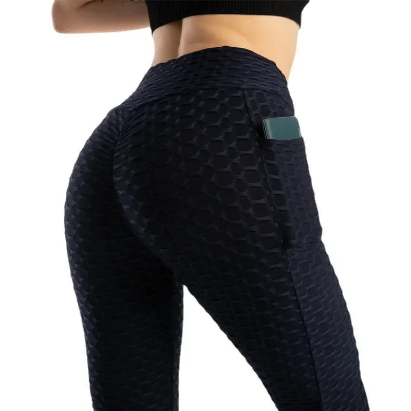 Leggings de cintura alta con efecto push-up de Amazon Europa, material de nylon, estampado jacquard, pantalones deportivos con bolsillo para mujer.