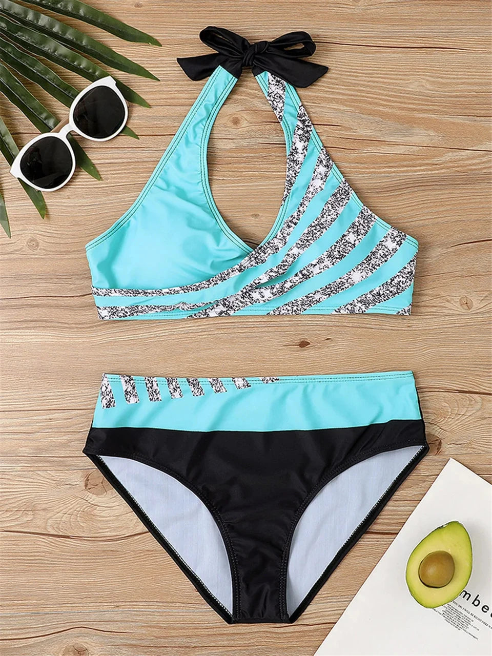 Conjunto de bikini con cuello en V 2024 para mujer, traje de baño de verano con estampado de rayas y patchwork, ropa de playa, traje de baño para mujer, talla 2XL