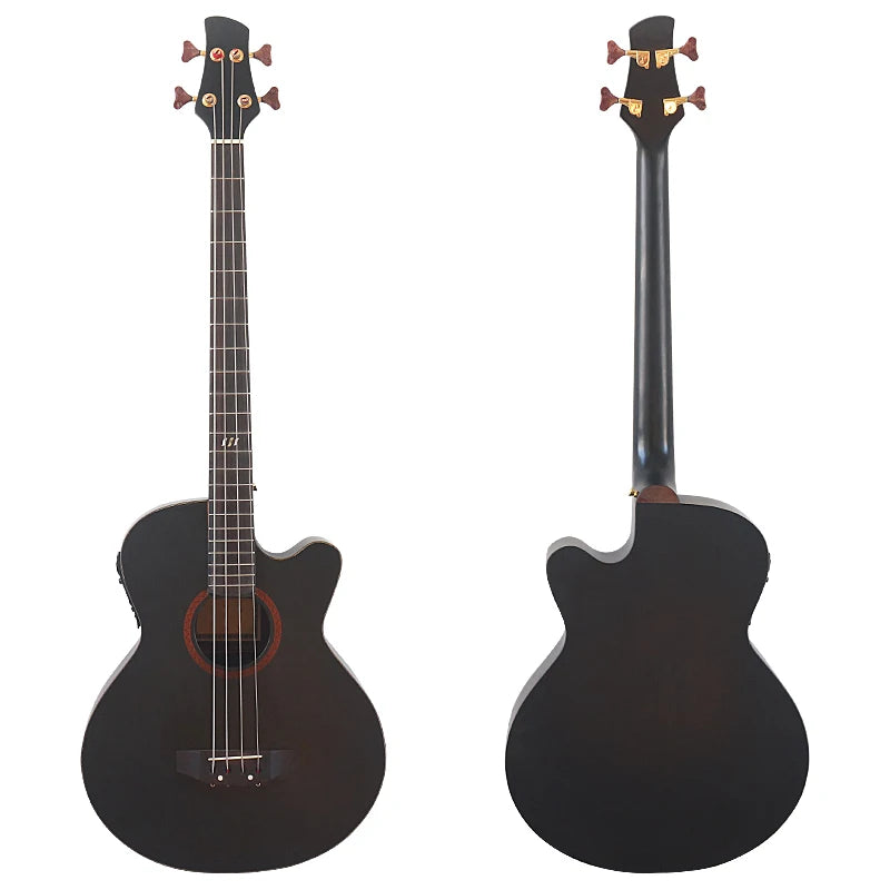 Bajo electroacústico de 43 pulgadas y 4 cuerdas, diseño de guitarra folk con cutaway, con funda y ecualizador.