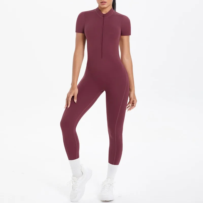 Mono deportivo de yoga sexy con cremallera frontal, espalda descubierta, manga corta, pantalones cortos, ropa deportiva para fitness, correr, gimnasio, yoga y actividades deportivas para mujer.