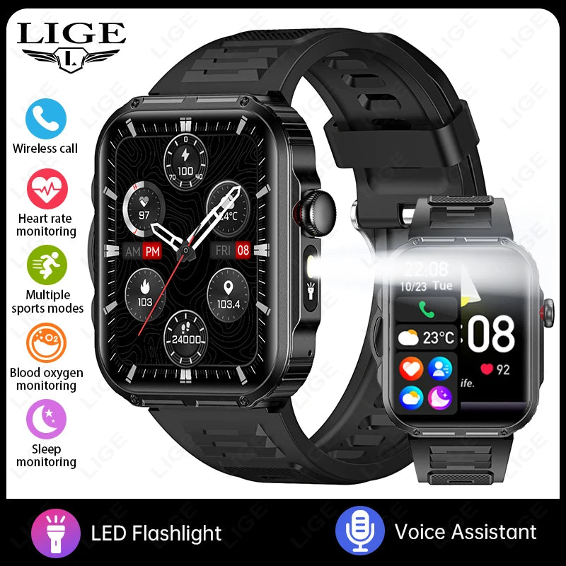 Reloj inteligente de 2,01 pulgadas para hombre y mujer, con linterna LED, control del ritmo cardíaco, para deportes al aire libre y fitness, resistente al agua