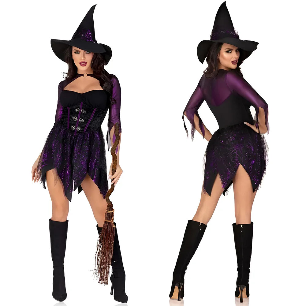 3 Piece 2025 Sexy Underwear Women Witch Long Sleeves Short Purple Triangle Lace Dress With High Hat Role Playing Cosplay Costume