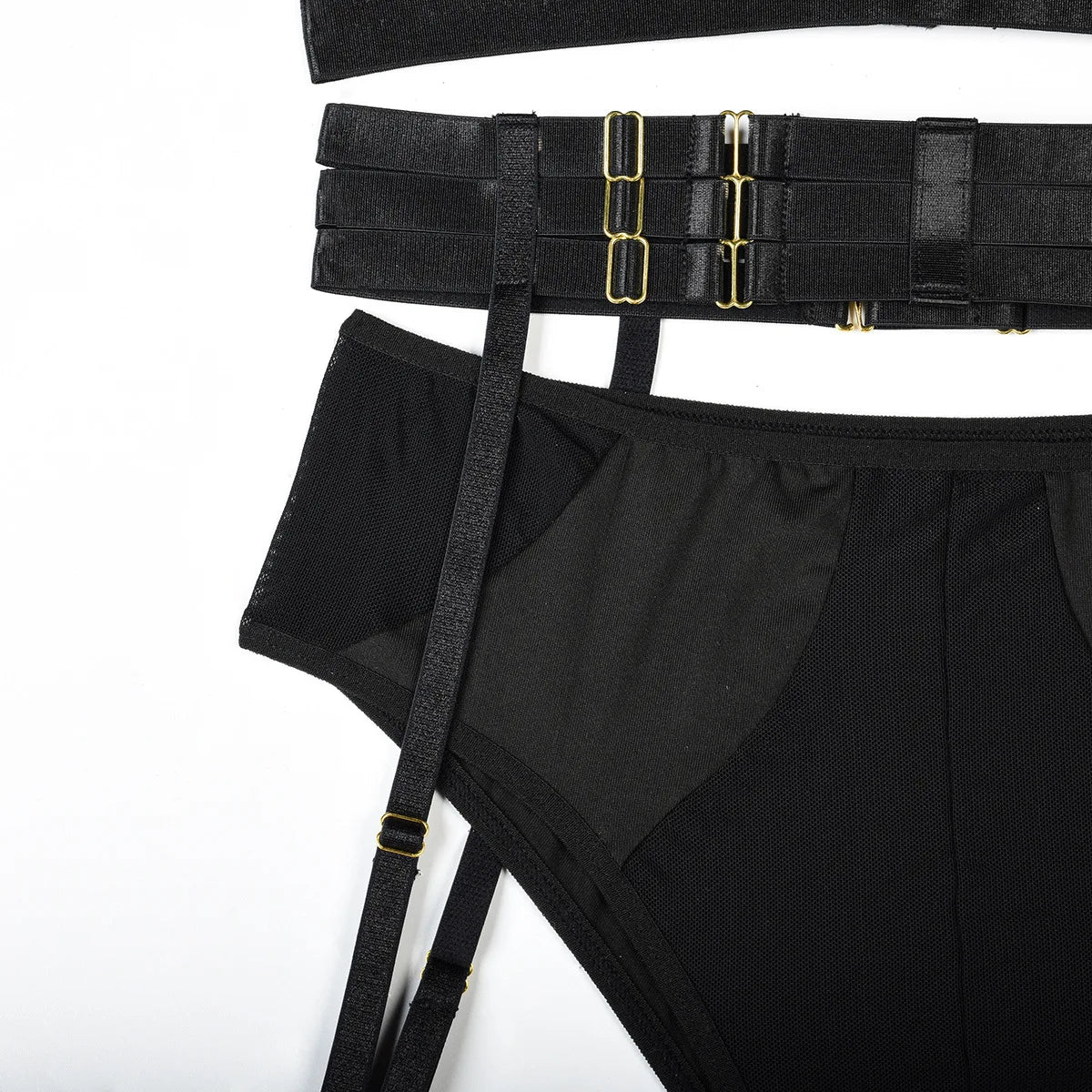 Conjunto de lencería sexy para mujer, con panel de encaje, escote en V profundo, glúteos abiertos, tirantes con forma de corazón de melocotón, cadena cruzada, liguero, ropa interior de tres piezas