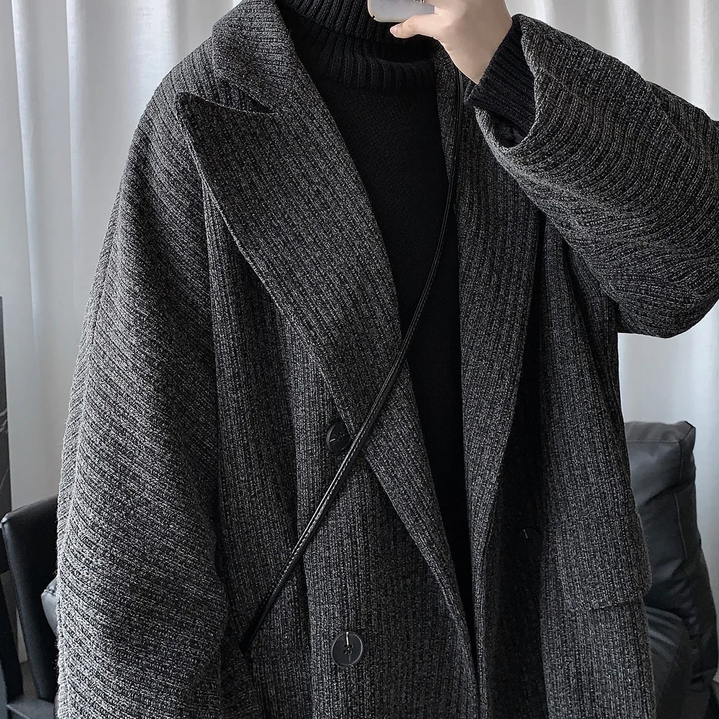 Abrigo largo entallado estilo coreano ligero de longitud media para hombre, abrigo juvenil sin cuello, abrigo de primavera para hombre.