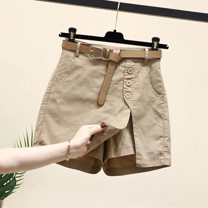 Pantalones cortos elegantes para mujer, con cinturón, botones lisos coreanos, aberturas laterales, estilo urbano, faldas de moda, pantalones holgados elegantes de verano Harajuku