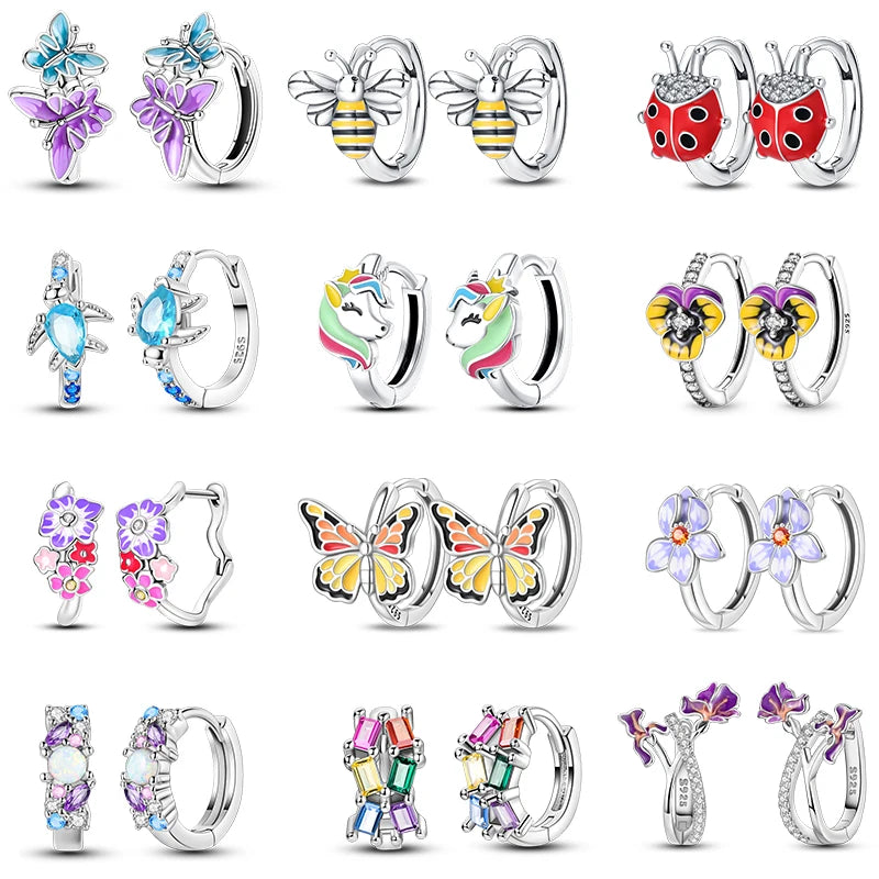Pendientes de plata de ley 925 con diseño de mariposa, abeja, mariquita y flor de arcoíris para mujer, joyería de moda para fiestas de cumpleaños, regalos