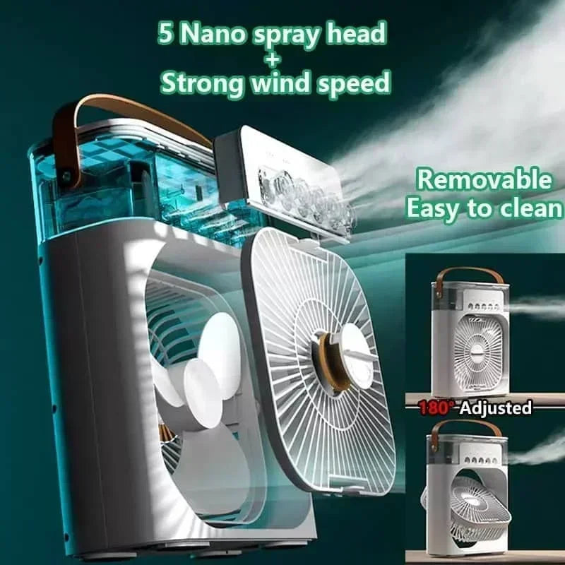 Ventilador 3 en 1, aire acondicionado pequeño para el hogar, enfriador de aire con luz LED nocturna, humidificador portátil, ventilador de ajuste de aire para oficina y hogar.