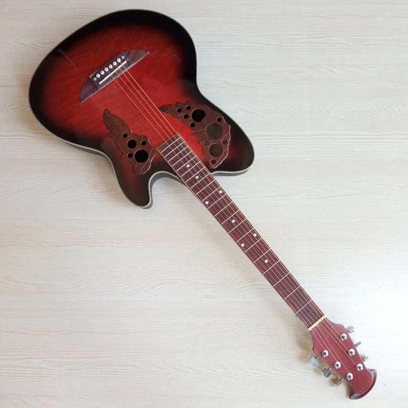 Guitarra acústica de fondo redondo con pequeños defectos, tapa flameada de alto brillo, 6 cuerdas, 38"