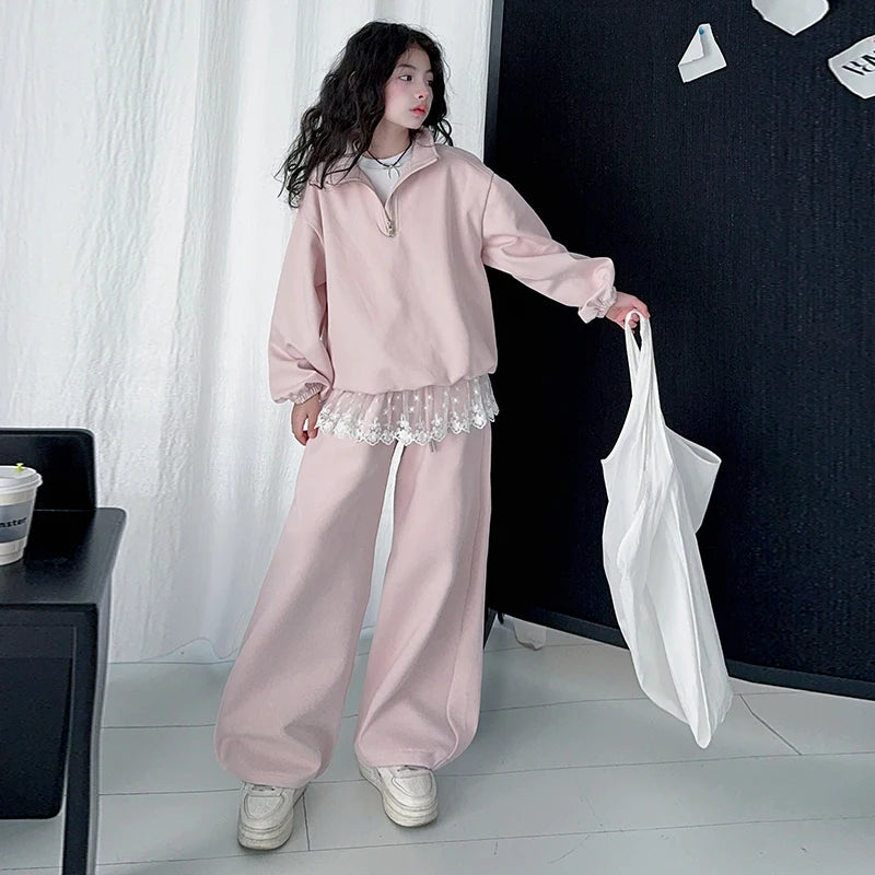 Conjunto de ropa infantil de primavera y otoño para niñas, sudadera de manga larga y pantalones de dos piezas, ropa deportiva informal de encaje para niños