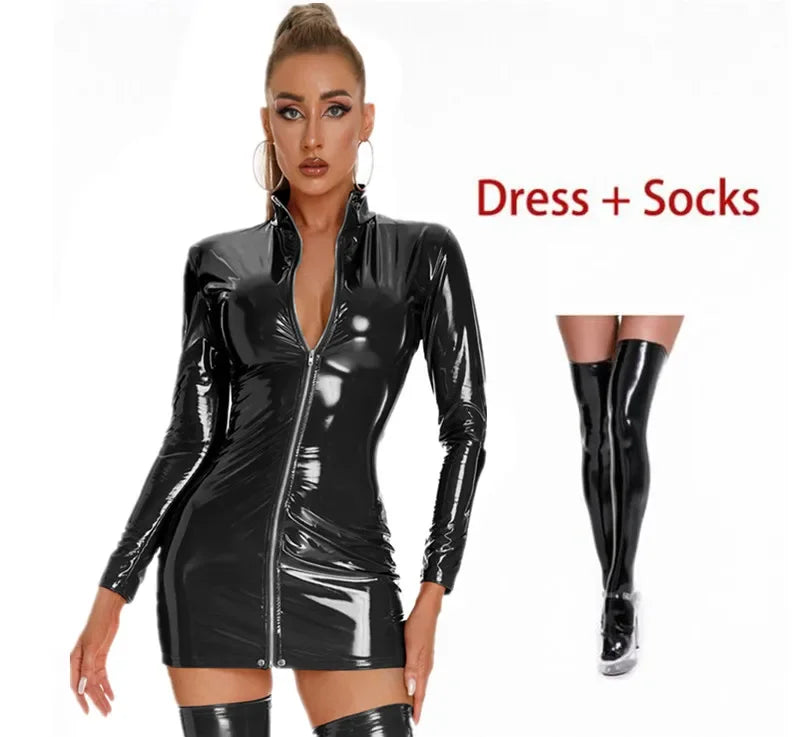 Women Sexy PVC Leather Dress with Stockings Gloves Shiny Latex Bag Hip Skirt Breast Exposing Porno Mini Dress