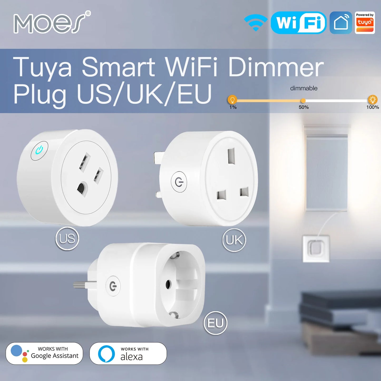 Enchufe inteligente MOES WiFi con ajuste de brillo y temporizador, compatible con la aplicación Tuya Smart Life y control por voz de Alexa y Google (UE/RU/EE. UU.).