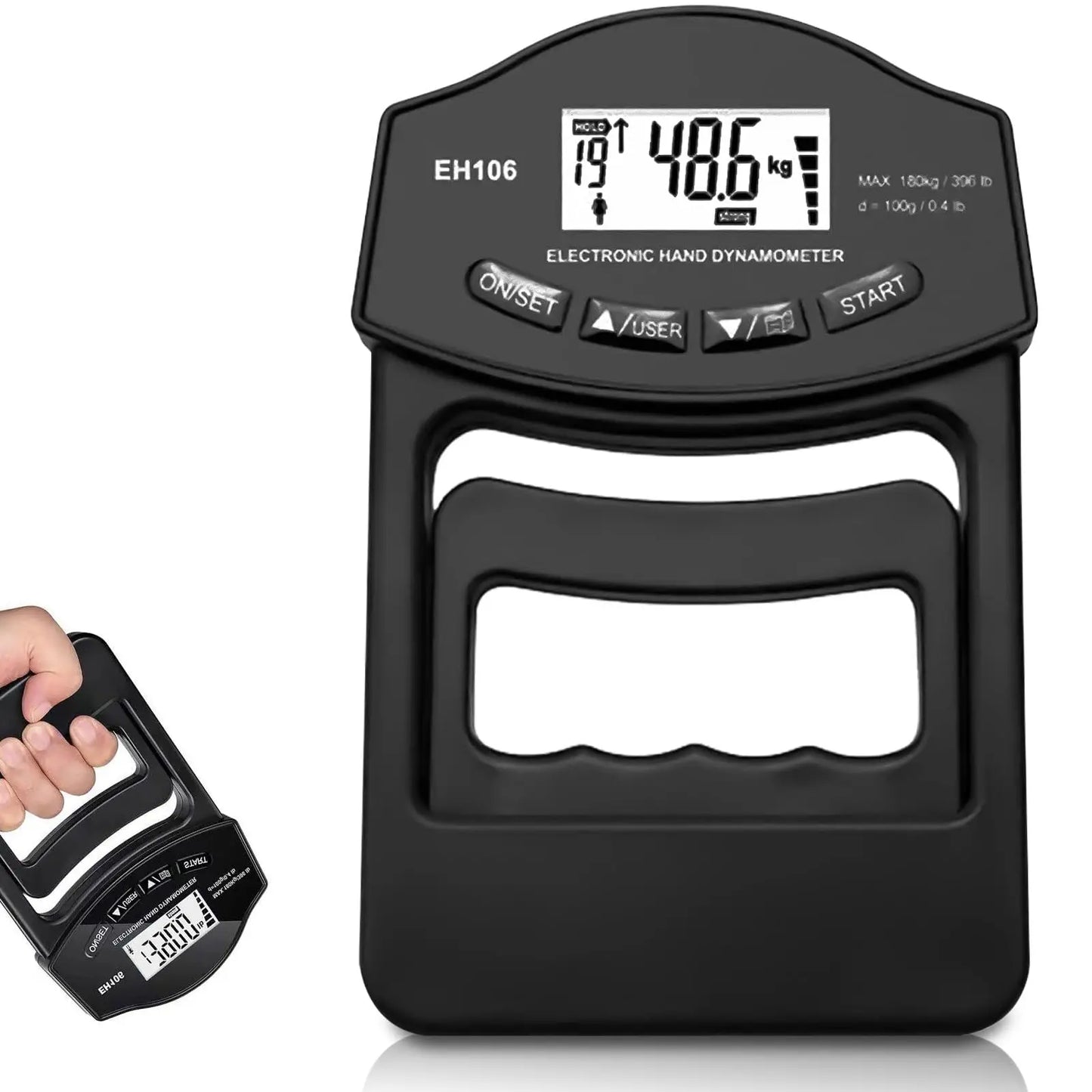 Dinamómetro digital de mano de 180 kg con pantalla LCD para entrenamiento de antebrazo y levantamiento de pesas.