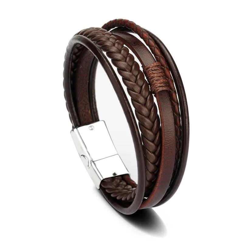 Pulseras de cuero de moda para hombre, pulseras de cuerda trenzada multicapa, pulseras masculinas, joyería, pulsera para hombre