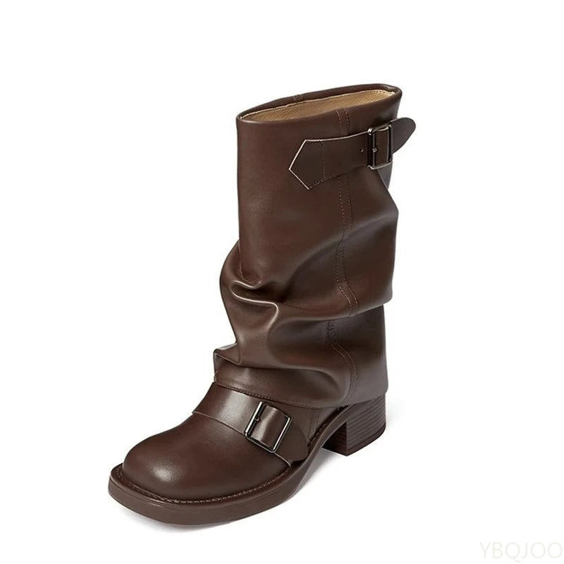 Botas vaqueras retro marrones de estilo occidental para mujer, estilo otoño-invierno, 2025, nuevas botas cortas, delgadas, gruesas y apiladas.