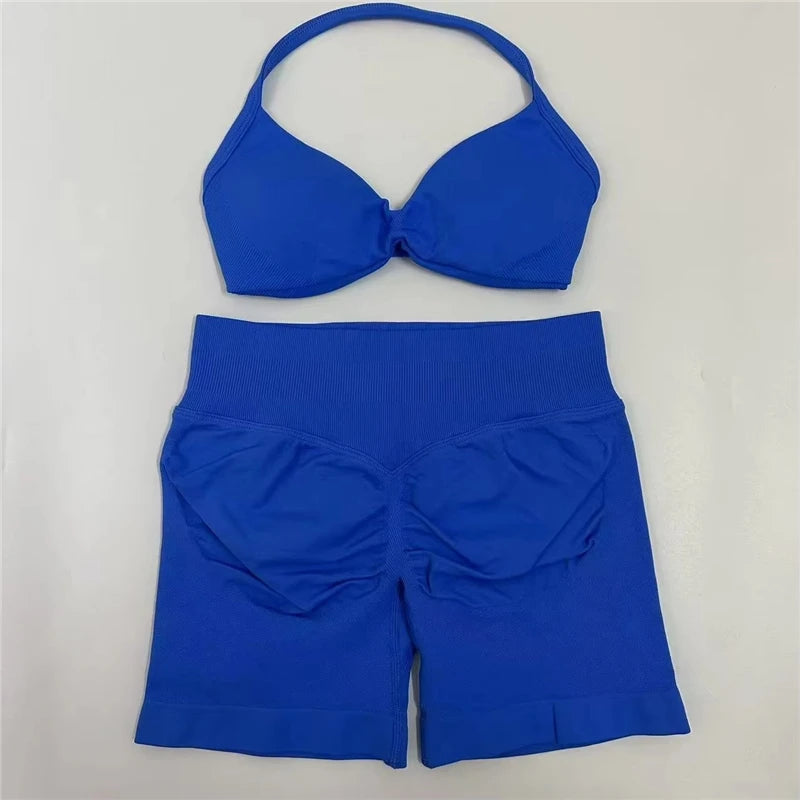 Women's Electric Blue Blossom High Stretch Top Sports Bra Shorts Set Comfortable Gym Workout Yoga Active Wear Impact Outfit