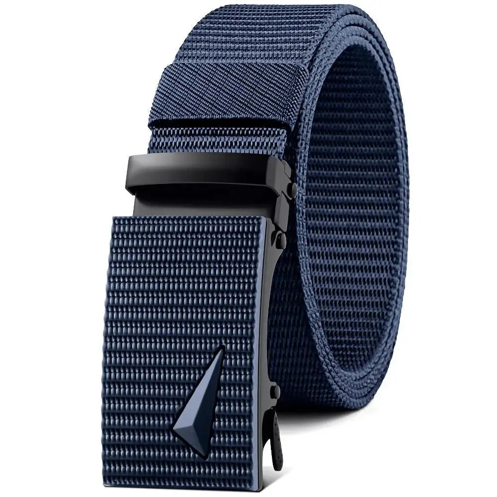 Cinturón de hombre con hebilla automática de metal y nailon de imitación, para trabajo al aire libre, con hebilla automática sin dientes, informal, deportivo, de lona.