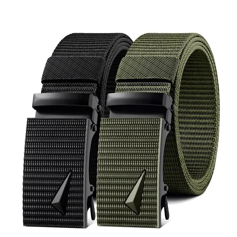 Cinturón de hombre con hebilla automática de metal y nailon de imitación, para trabajo al aire libre, con hebilla automática sin dientes, informal, deportivo, de lona.