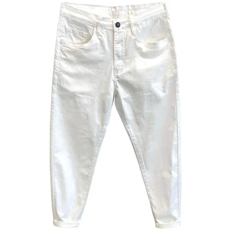 Pantalones vaqueros blancos elásticos de moda de verano para hombre, ajustados, estilo coreano, pantalones cortos, ropa informal de alta calidad.