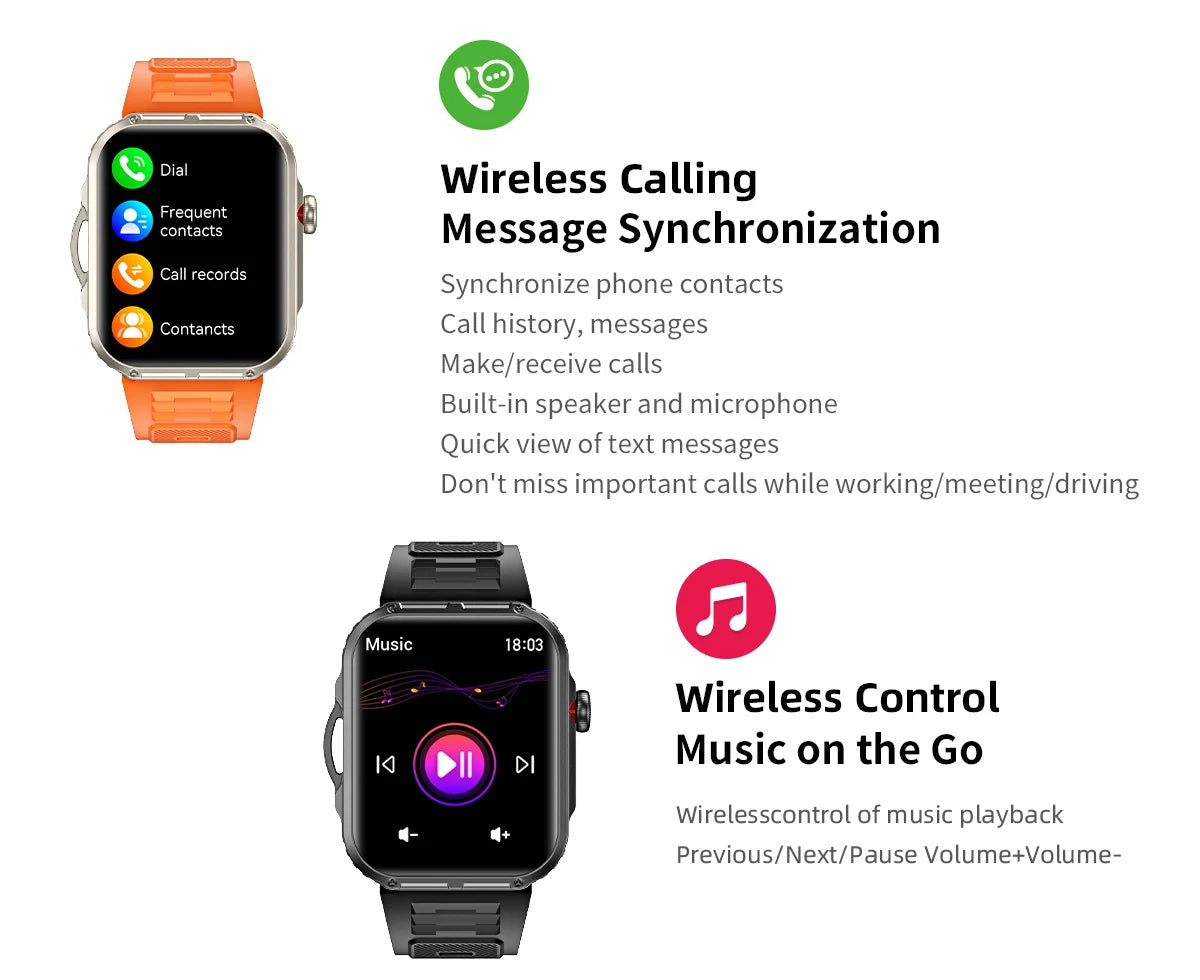 Reloj inteligente de 2,01 pulgadas para hombre y mujer, con linterna LED, control del ritmo cardíaco, para deportes al aire libre y fitness, resistente al agua