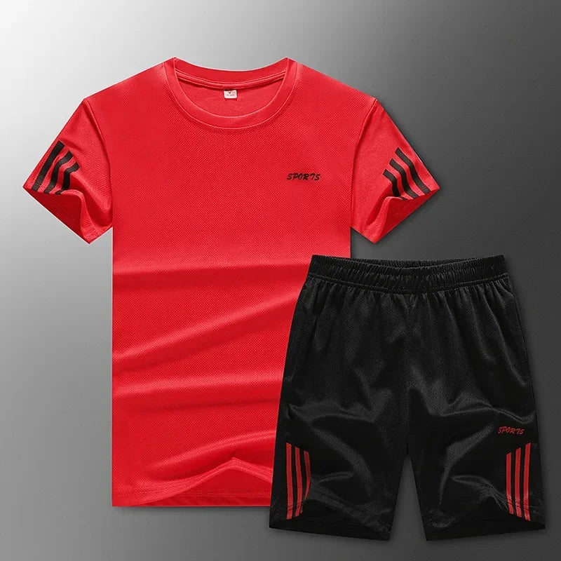 Conjunto de ropa deportiva de verano para hombre, camiseta y pantalones cortos de secado rápido, ropa deportiva para exteriores, talla grande, ligera, de producción china.